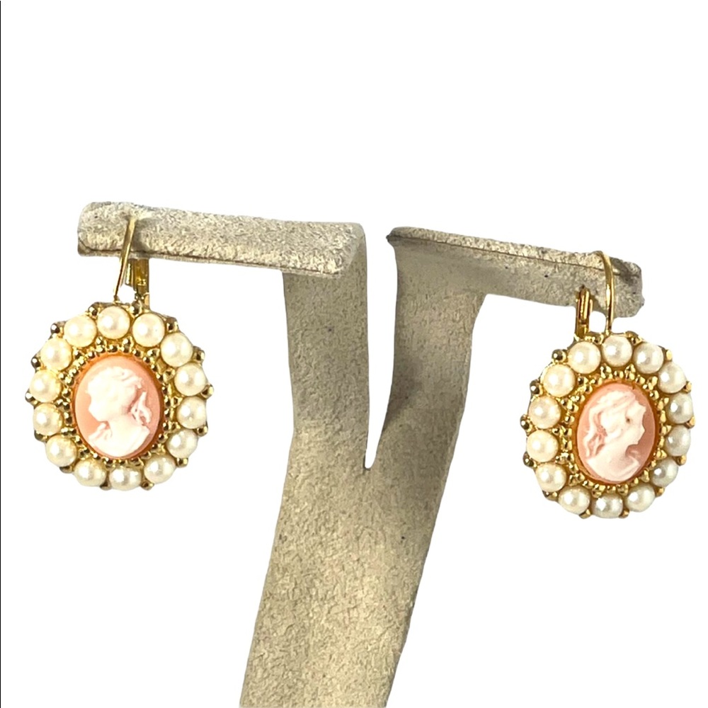 Cameo pearl gold finish dangle earrings
